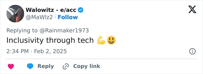 Tweet about inclusivity and tech with emojis of a flexed bicep and smiling face. Tweet about inclusivity and tech with emojis of a flexed bicep and smiling face.