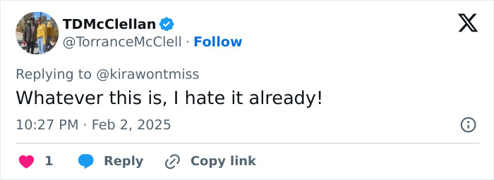 Tweet criticizing outfits, mentioning dislike, with a timestamp from February 2025. Tweet criticizing outfits, mentioning dislike, with a timestamp from February 2025.