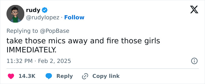 Tweet criticizing Grammys reporters, suggesting firing after R&B legend was snubbed for Chappell Roan. Tweet criticizing Grammys reporters, suggesting firing after R&B legend was snubbed for Chappell Roan.