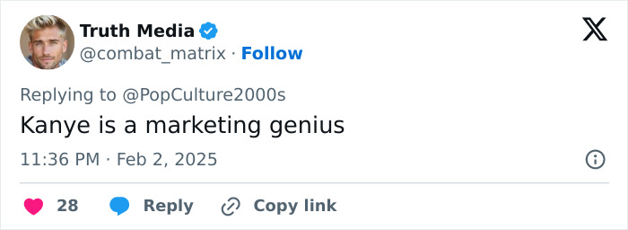 Tweet discussing Kanye's marketing skills, dated February 2, 2025. Tweet discussing Kanye's marketing skills, dated February 2, 2025.