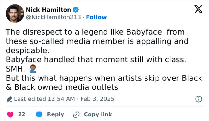 Tweet criticizing media's treatment of an R&B legend, advocating support for Black-owned outlets. Tweet criticizing media's treatment of an R&B legend, advocating support for Black-owned outlets.