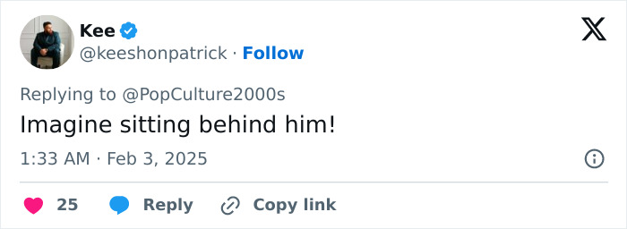 Tweet joking about outfits at Grammys 2025, reads "Imagine sitting behind him!". Tweet joking about outfits at Grammys 2025, reads "Imagine sitting behind him!".