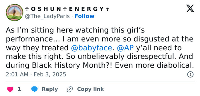 Tweet criticizing Grammys reporters for snubbing R&B legend, calls treatment disrespectful during Black History Month. Tweet criticizing Grammys reporters for snubbing R&B legend, calls treatment disrespectful during Black History Month.