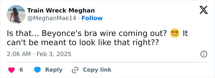 Tweet speculating about Beyoncé's wardrobe malfunction at the Grammys with text about bra wire visibility. Tweet speculating about Beyoncé's wardrobe malfunction at the Grammys with text about bra wire visibility.