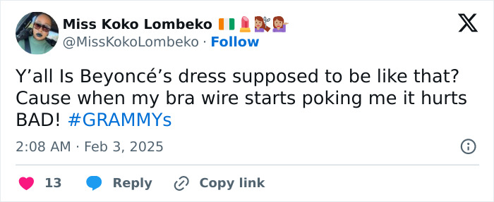Tweet questioning Beyoncé's dress during the Grammys, highlighting wardrobe malfunction concerns. Tweet questioning Beyoncé's dress during the Grammys, highlighting wardrobe malfunction concerns.