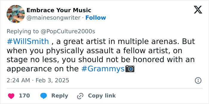 Tweet criticizing Will Smith's possible return to Grammys after infamous slap incident. Tweet criticizing Will Smith's possible return to Grammys after infamous slap incident.