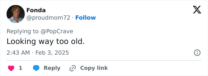 Tweet screenshot commenting on someone "looking way too old" regarding dress controversy. Tweet screenshot commenting on someone "looking way too old" regarding dress controversy.