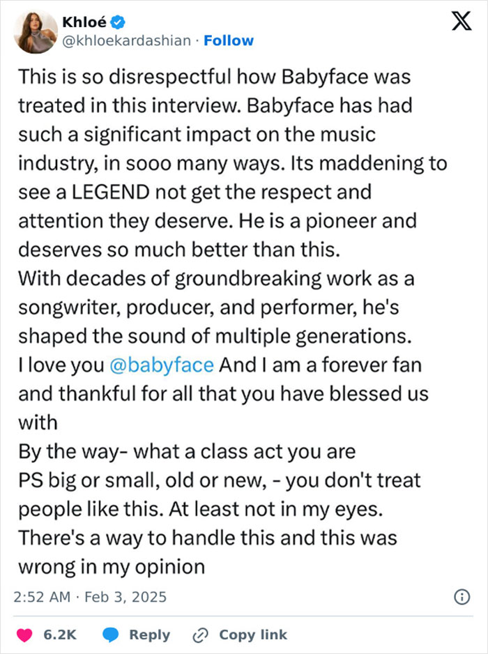 Tweet criticizing disrespect towards R&B legend Babyface by Grammys reporters, calling their behavior racist. Tweet criticizing disrespect towards R&B legend Babyface by Grammys reporters, calling their behavior racist.