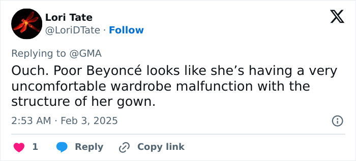 Tweet about Beyoncé's wardrobe malfunction at the Grammys, mentioning discomfort with her gown's structure. Tweet about Beyoncé's wardrobe malfunction at the Grammys, mentioning discomfort with her gown's structure.