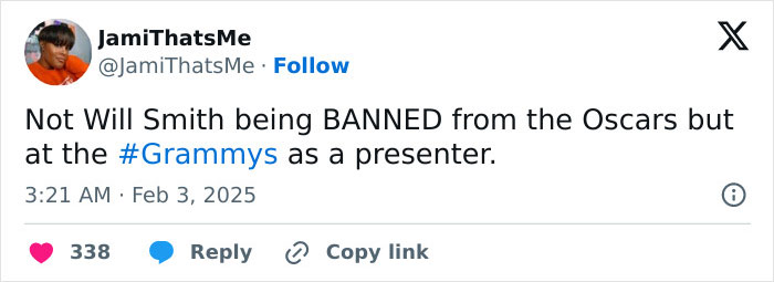 Tweet mentioning Will Smith at the Grammys despite Oscar ban. Tweet mentioning Will Smith at the Grammys despite Oscar ban.