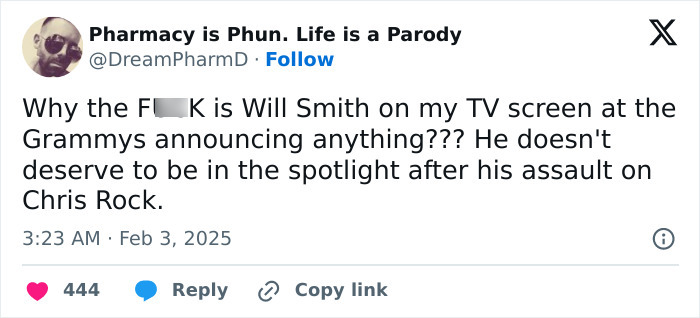 "Tweet criticizing Will Smith tribute at Grammys after infamous slap incident with Chris Rock. "Tweet criticizing Will Smith tribute at Grammys after infamous slap incident with Chris Rock.