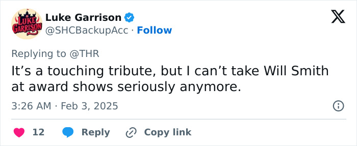Tweet criticizing Will Smith's presence at award shows after a Quincy Jones tribute. Tweet criticizing Will Smith's presence at award shows after a Quincy Jones tribute.