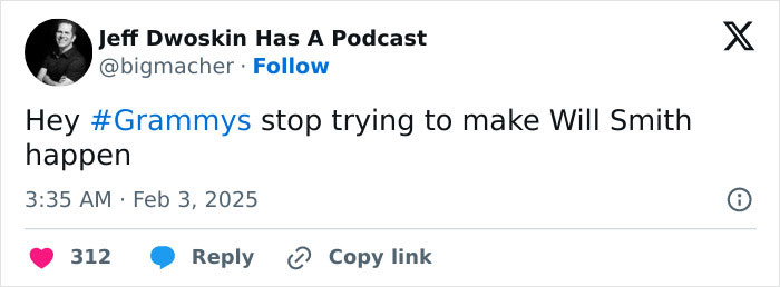 Tweet questioning Grammy efforts for Will Smith tribute comeback, mentioning Quincy Jones. Tweet questioning Grammy efforts for Will Smith tribute comeback, mentioning Quincy Jones.