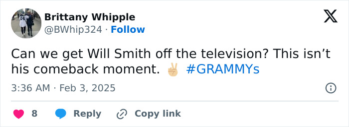Tweet criticizing Will Smith's Grammys comeback attempt after his infamous slap, questioning his presence on TV. Tweet criticizing Will Smith's Grammys comeback attempt after his infamous slap, questioning his presence on TV.