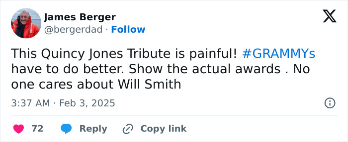 Tweet criticizing Quincy Jones Tribute at Grammys with mention of Will Smith. Tweet criticizing Quincy Jones Tribute at Grammys with mention of Will Smith.