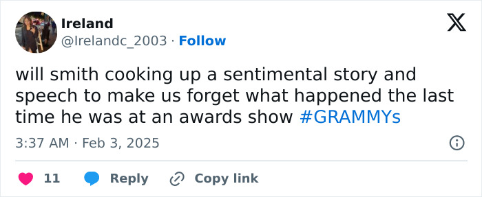 Tweet mentioning Will Smith's Grammy speech after a past slap incident. Tweet mentioning Will Smith's Grammy speech after a past slap incident.