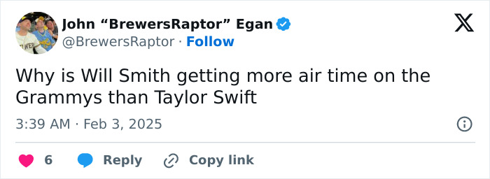 Tweet questioning Will Smith's airtime at the Grammys compared to Taylor Swift. Tweet questioning Will Smith's airtime at the Grammys compared to Taylor Swift.