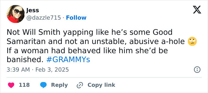 Tweet criticizing Will Smith after controversial slap at the Grammys, questioning double standards. Tweet criticizing Will Smith after controversial slap at the Grammys, questioning double standards.