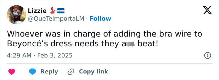 Tweet discussing Beyoncé's wardrobe malfunction at the Grammys. Tweet discussing Beyoncé's wardrobe malfunction at the Grammys.