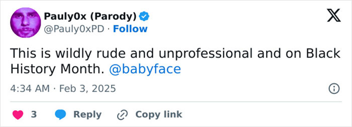 Tweet by Pauly0x criticizing Grammys reporters as racist during Black History Month, mentioning @babyface. Tweet by Pauly0x criticizing Grammys reporters as racist during Black History Month, mentioning @babyface.