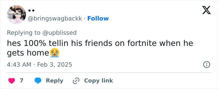 Tweet response about a child possibly sharing a story with Fortnite friends after seeing Bianca Censori's outfit. Tweet response about a child possibly sharing a story with Fortnite friends after seeing Bianca Censori's outfit.