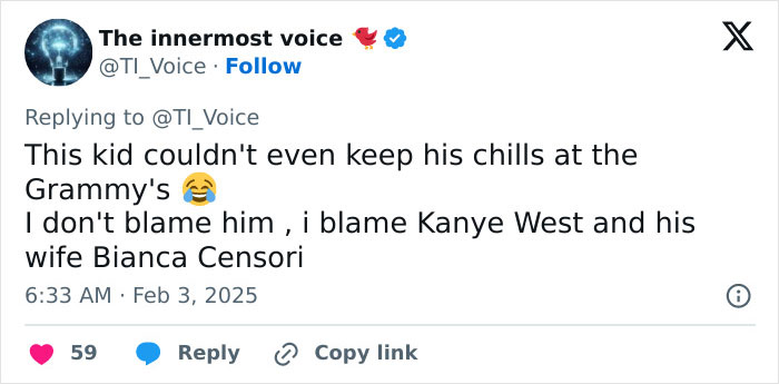 "Don't Blame Him": Child Sneaks A Peek At Bianca Censori At The 2025 Grammys, Breaks The Internet "Don't Blame Him": Child Sneaks A Peek At Bianca Censori At The 2025 Grammys, Breaks The Internet