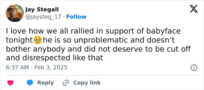 Tweet by Jay Stegall expressing support for an unproblematic R&B legend after a Grammy snub. Tweet by Jay Stegall expressing support for an unproblematic R&B legend after a Grammy snub.