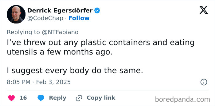 Person tweets about discarding plastic utensils due to microplastics concern. Person tweets about discarding plastic utensils due to microplastics concern.