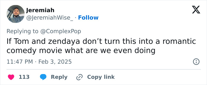 Tweet about Zendaya and Tom Holland's relationship and potential romantic comedy. Tweet about Zendaya and Tom Holland's relationship and potential romantic comedy.