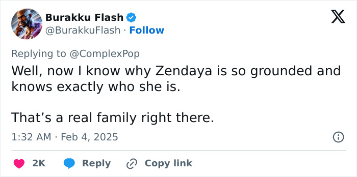 Tweet about Zendaya, mentioning her grounded nature and real family values. Tweet about Zendaya, mentioning her grounded nature and real family values.