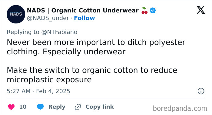 Tweet suggesting a switch to organic cotton underwear to reduce microplastic exposure. Tweet suggesting a switch to organic cotton underwear to reduce microplastic exposure.