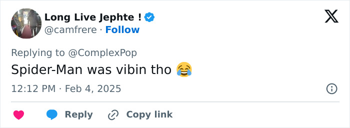 Tweet about Spider-Man vibing, with laughing emoji and timestamp. Tweet about Spider-Man vibing, with laughing emoji and timestamp.