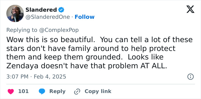 Tweet by user @SlanderedOne about Zendaya having family support, dated February 4, 2025, with 101 likes. Tweet by user @SlanderedOne about Zendaya having family support, dated February 4, 2025, with 101 likes.
