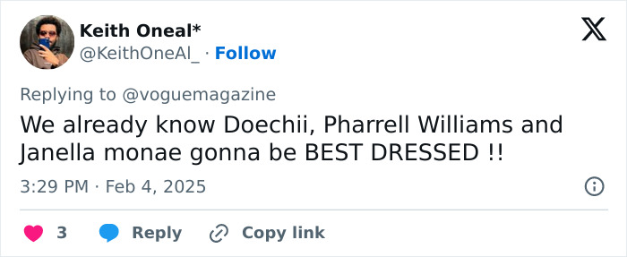 Tweet about Met Gala 2025 dress code, mentioning Doechii and Pharrell Williams as potential best dressed. Tweet about Met Gala 2025 dress code, mentioning Doechii and Pharrell Williams as potential best dressed.