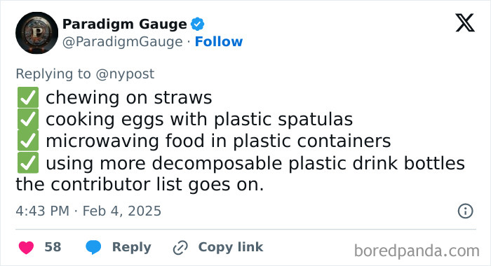 Tweet listing actions contributing to microplastics concern: chewing straws, cooking with plastic, microwaving in plastic. Tweet listing actions contributing to microplastics concern: chewing straws, cooking with plastic, microwaving in plastic.