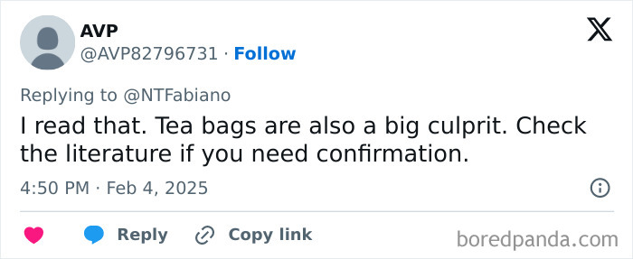 Tweet discussing microplastics, mentioning tea bags as a culprit in response to a study. Tweet discussing microplastics, mentioning tea bags as a culprit in response to a study.