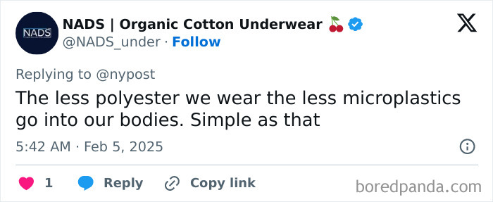 Tweet on reducing microplastics by wearing less polyester clothing, discussing its impact on the human body. Tweet on reducing microplastics by wearing less polyester clothing, discussing its impact on the human body.