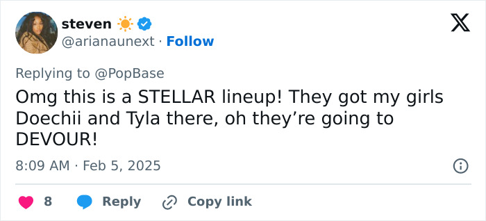 Tweet discussing excitement for Doechii and Tyla in a lineup, related to the Met Gala 2025 dress code debate. Tweet discussing excitement for Doechii and Tyla in a lineup, related to the Met Gala 2025 dress code debate.