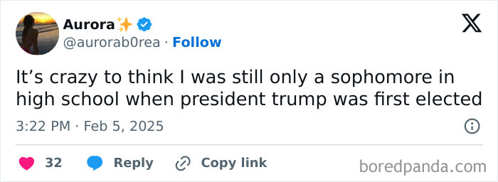 Tweet reminiscing about being a sophomore during Trump's first election; reflects on high school experiences.