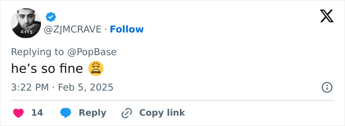 Tweet expressing admiration, saying "he's so fine," with a sad face emoji reaction. Tweet expressing admiration, saying "he's so fine," with a sad face emoji reaction.