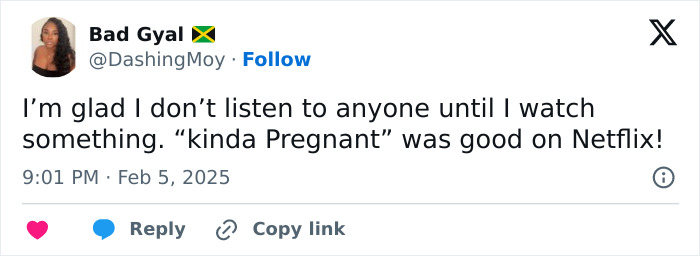 Tweet with user praising "Kinda Pregnant" on Netflix amid Amy Schumer comedy criticism. Tweet with user praising "Kinda Pregnant" on Netflix amid Amy Schumer comedy criticism.