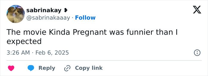 A tweet about a movie titled "Kinda Pregnant," with user comments on its humor compared to expectations. A tweet about a movie titled "Kinda Pregnant," with user comments on its humor compared to expectations.