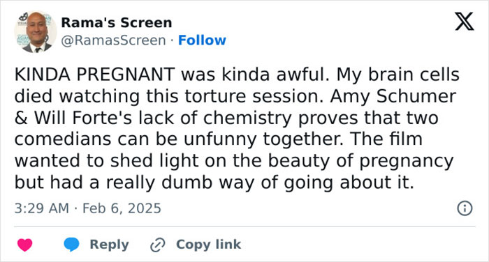 Tweet criticizing Amy Schumer's comedy as a "torture session," highlighting lack of chemistry with Will Forte. Tweet criticizing Amy Schumer's comedy as a "torture session," highlighting lack of chemistry with Will Forte.