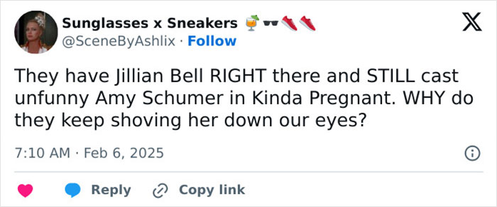 Tweet criticizing Amy Schumer's comedy, mentioning Jillian Bell in "Kinda Pregnant. Tweet criticizing Amy Schumer's comedy, mentioning Jillian Bell in "Kinda Pregnant.