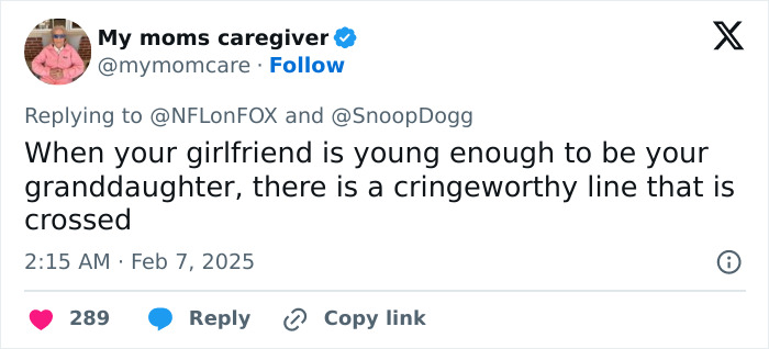 Tweet about age gap joke related to Bill Belichick's 24-year-old girlfriend and Snoop Dogg goes viral with user comments. Tweet about age gap joke related to Bill Belichick's 24-year-old girlfriend and Snoop Dogg goes viral with user comments.