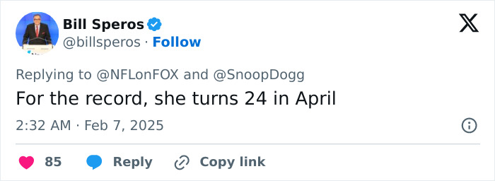 Bill Speros tweets about age, linked to Snoop Dogg's viral joke on Bill Belichick's 24-year-old girlfriend. Bill Speros tweets about age, linked to Snoop Dogg's viral joke on Bill Belichick's 24-year-old girlfriend.