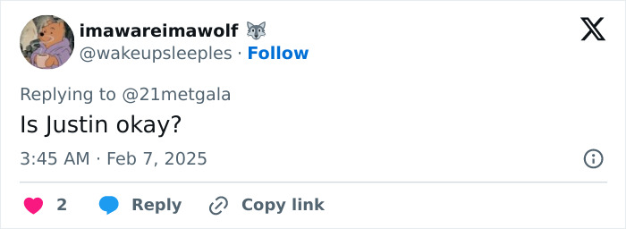Tweet expressing concern about Justin Bieber's health. Tweet expressing concern about Justin Bieber's health.