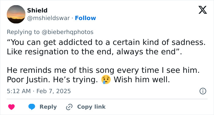 Tweet expressing concern for Justin Bieber's health, mentioning sadness and wishing him well. Tweet expressing concern for Justin Bieber's health, mentioning sadness and wishing him well.