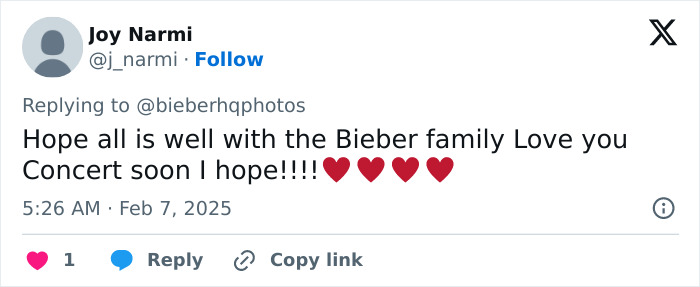 Tweet showing concern for Justin Bieber's health with supportive message and red heart emojis. Tweet showing concern for Justin Bieber's health with supportive message and red heart emojis.