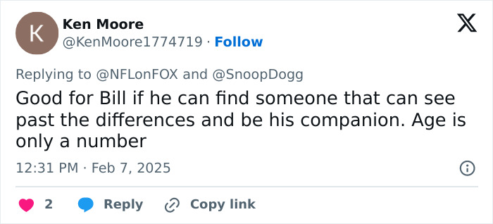 Twitter user comments on age gap, referencing Snoop Dogg and Bill Belichick's girlfriend. Twitter user comments on age gap, referencing Snoop Dogg and Bill Belichick's girlfriend.